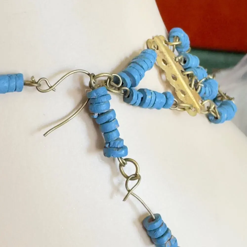 Vintage Egyptian Revival Faience Turquoise Blue Mummy Bead Necklace Brass Coins